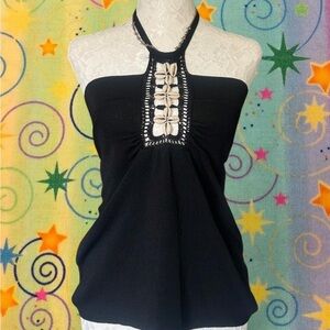 vintage 90s black halter top with puka shell details